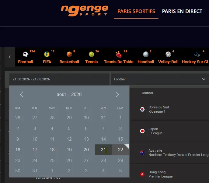 Filtre par date sur la page de résultat Ngenge Sport CD