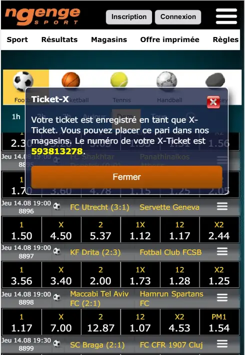 Capture d’écran sur l’application Ngenge Sport app de la vérification du code de ngenge sport ticket x