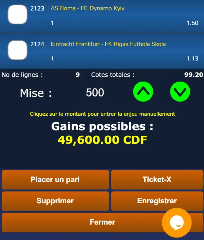 Capture d’écran de l’application Ngenge Sport présentant les gains possibles d’un ticket